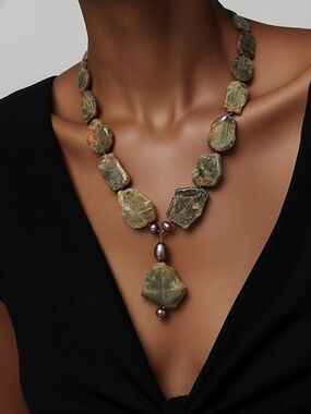 Artisan Raw Green Kyanite & Baroque Pearl Statement Necklace Boho Luxe